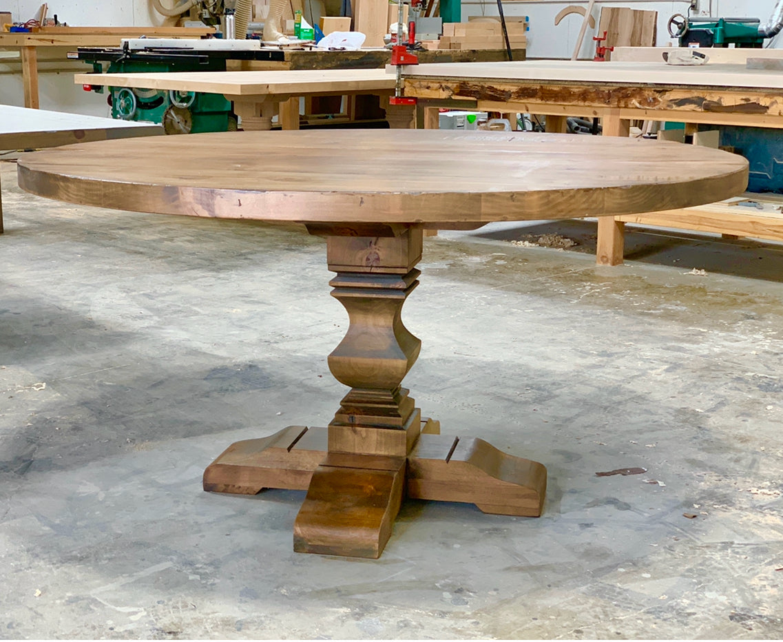 Round Pedestal Base Dining Table with Square Hand-Cut Pedestal